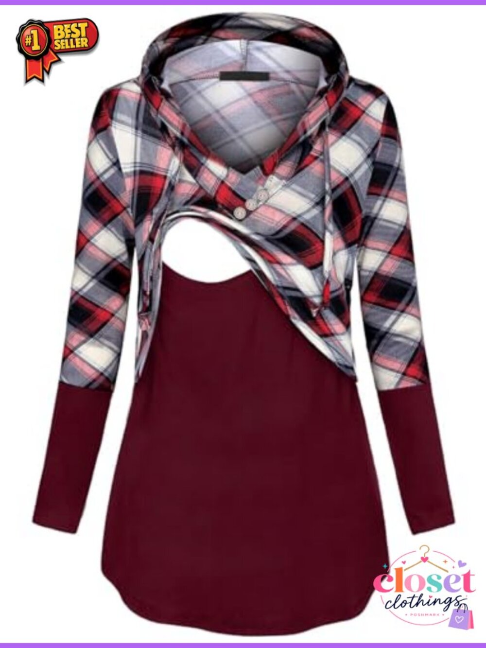 Nursing Pullover Hoodie Plaid Colorblock Double Layer V-Neck Long Sleeve